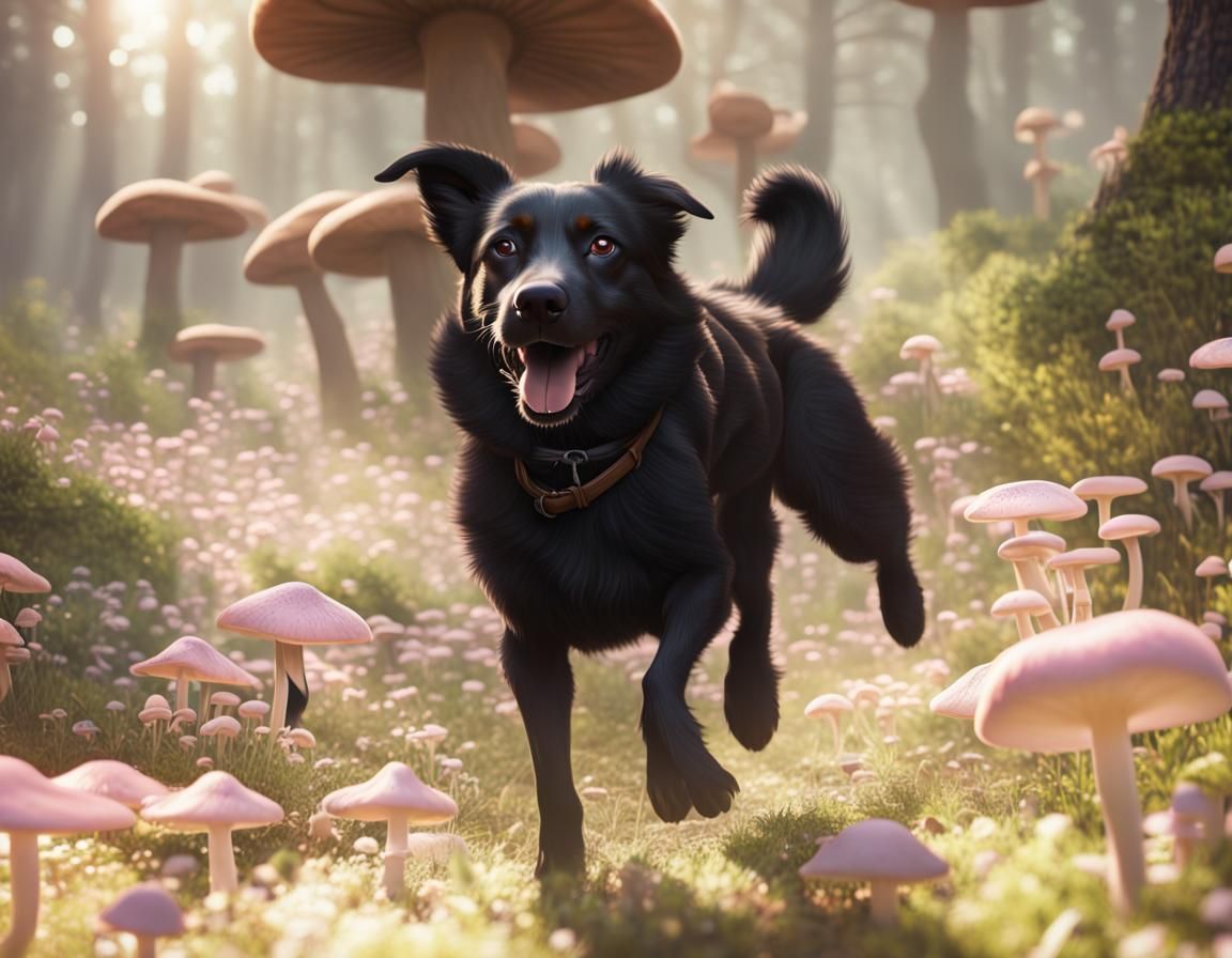 Dog Runs Through Spring Flowers: 3D Rendering