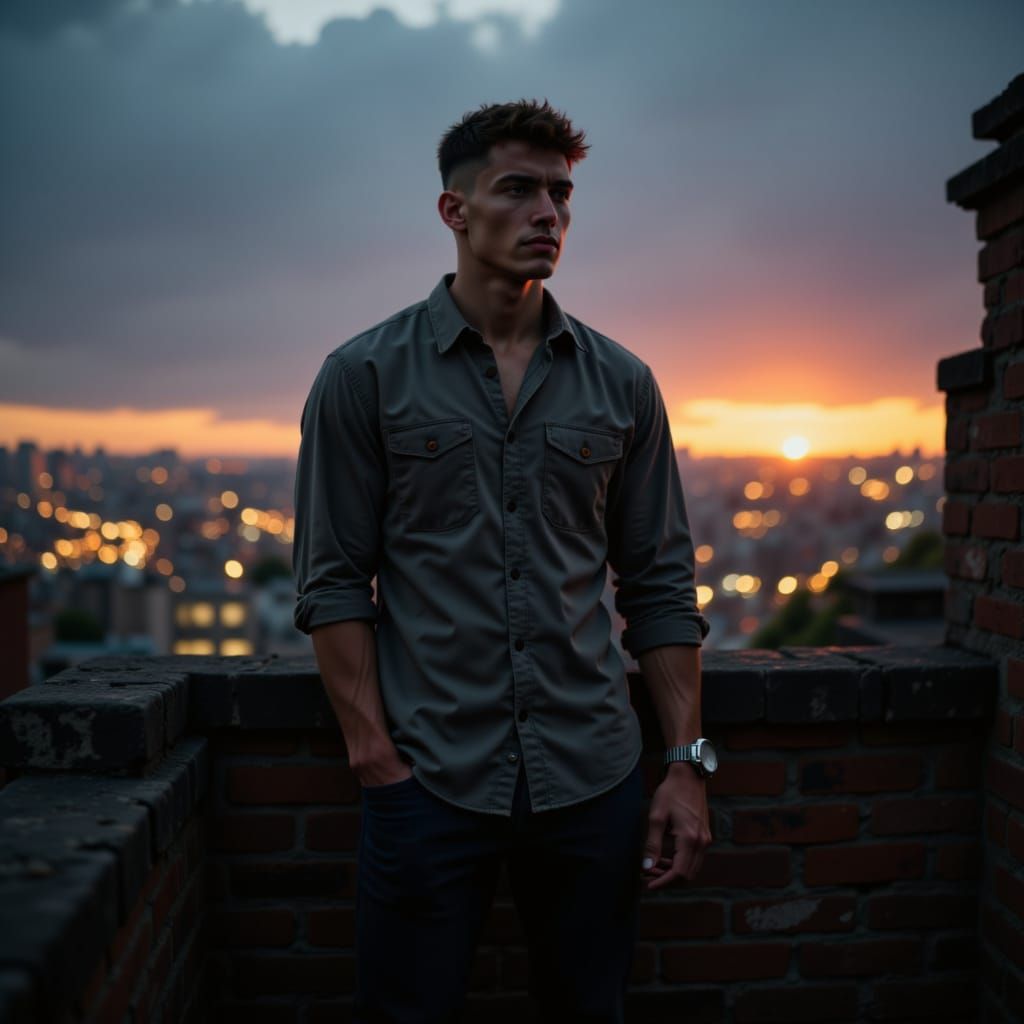 Man on Rooftop Overlooking City at Twilight, Cinematic Light...