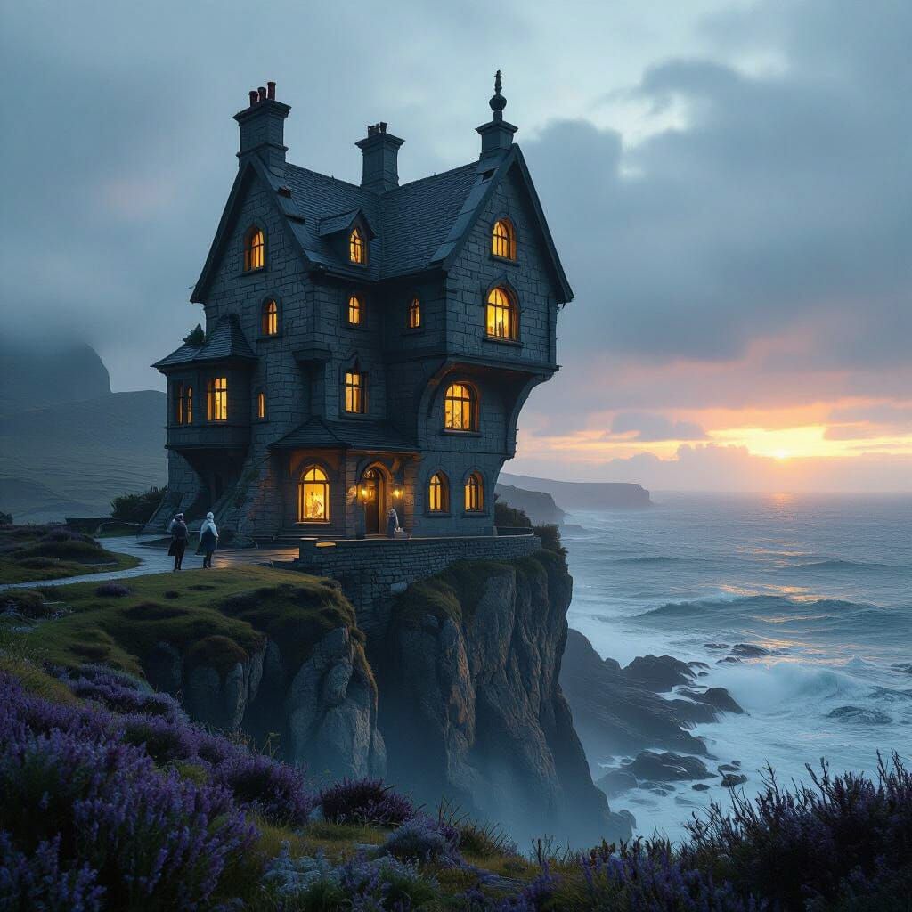 Impossible Architecture Hall on Cliff Over North Sea