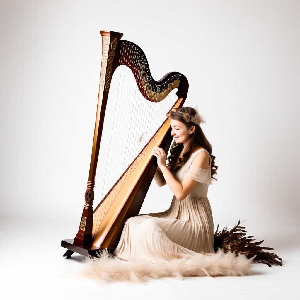 Women Play Harp on White Background