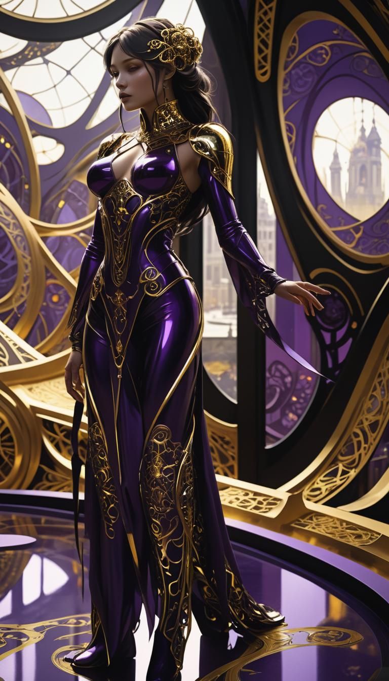 Dark Fantasy Metallic Filigree: Alphonse Mucha Style