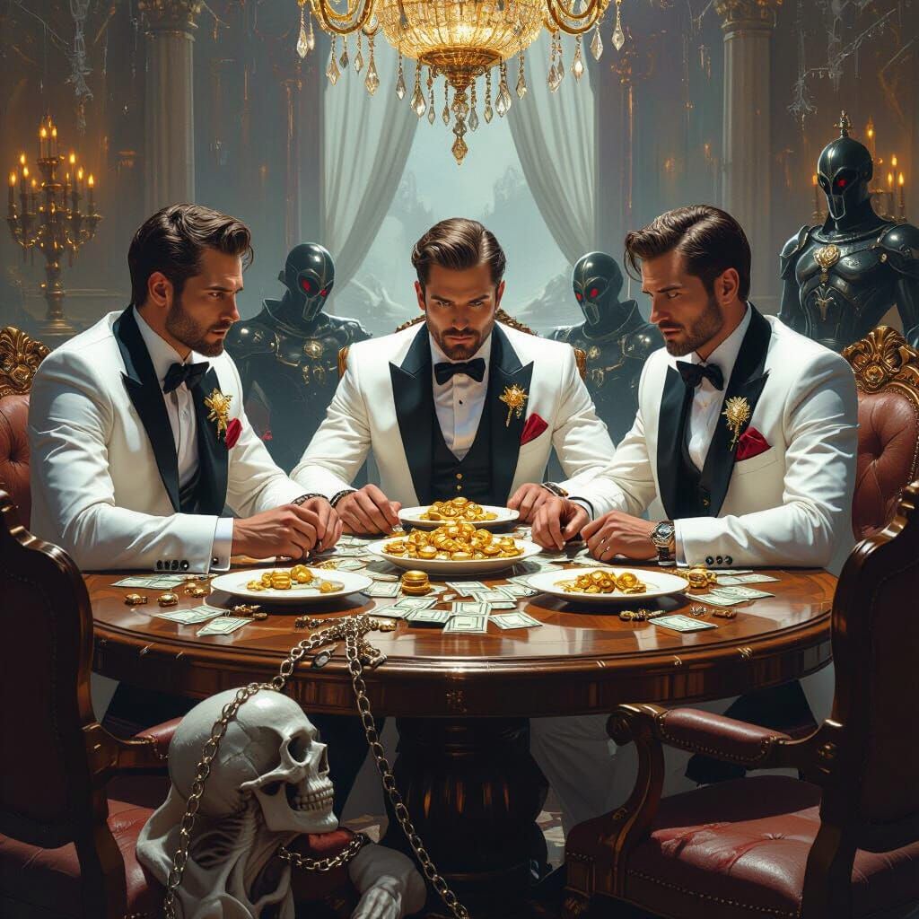 Wealth and Power Feast: Men Indulge in Cash and Jewels