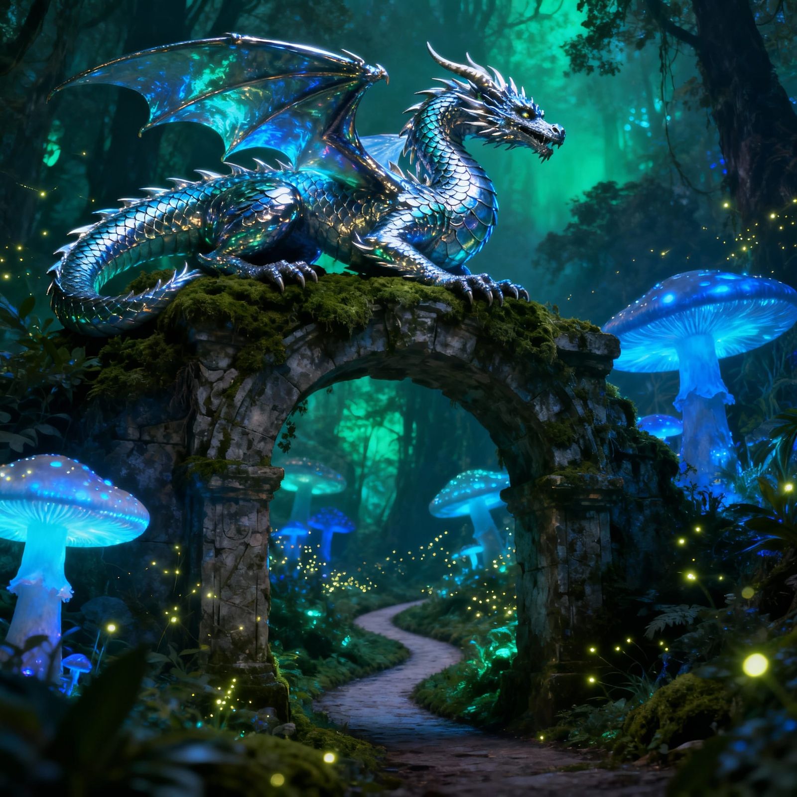 Majestic Chrome Dragon on Ancient Archway in Bioluminescent ...