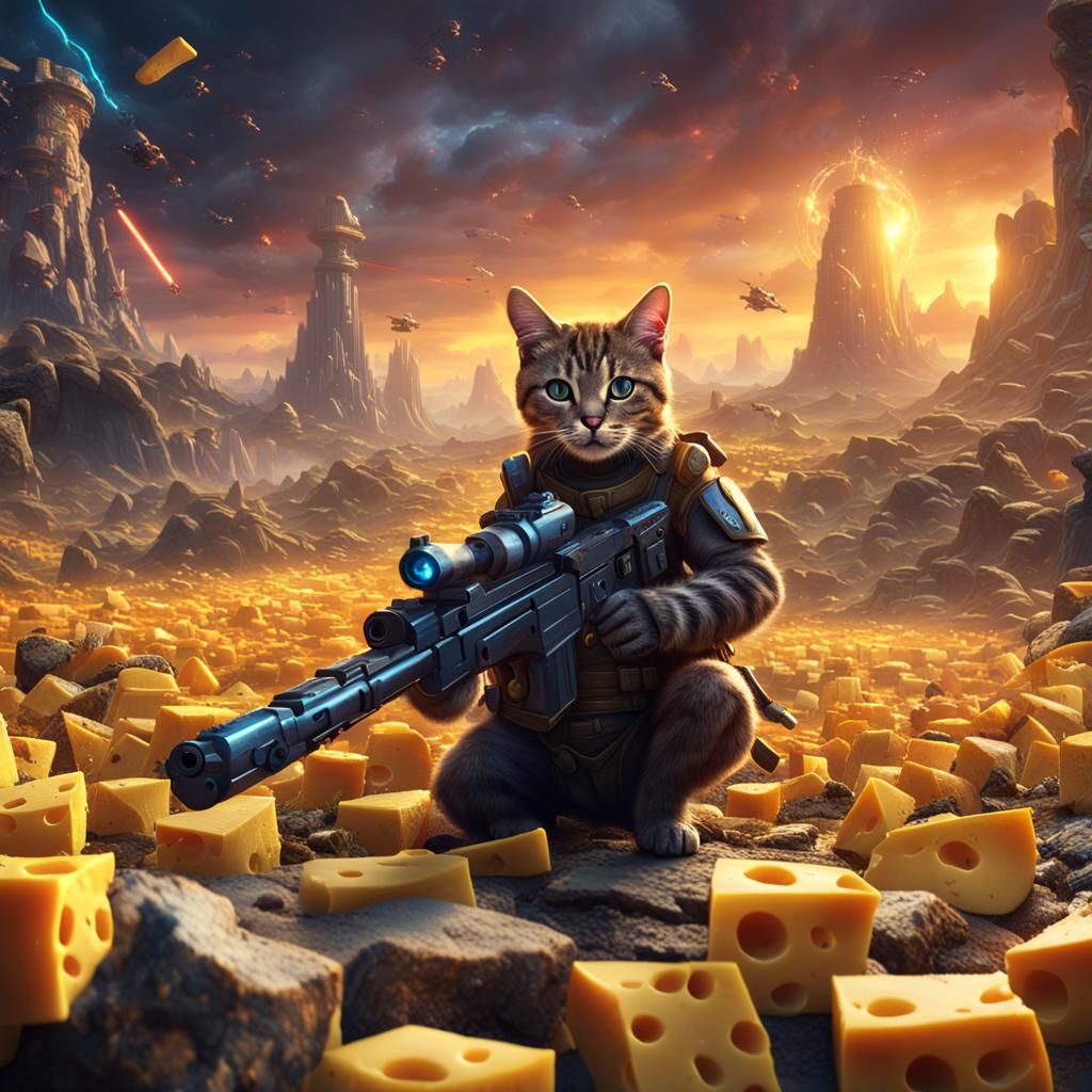 Laser Cat Warrior on Cheese Planet, Digital Art