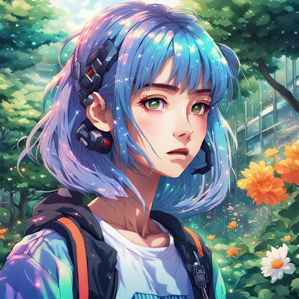 Iridescent Anime Girl in Futuristic Garden
