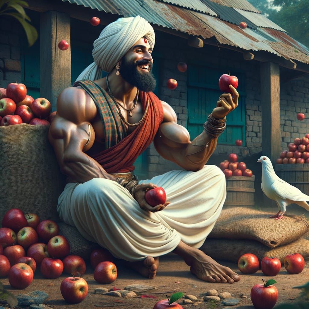 Farmer with Pigeon Eating Apple in Rustic Setting
