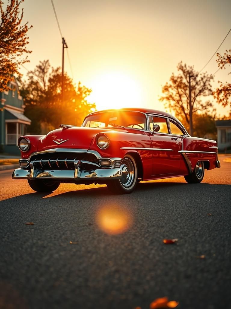 Vintage Red Hotrod in Golden Sunlight, Digital Painting