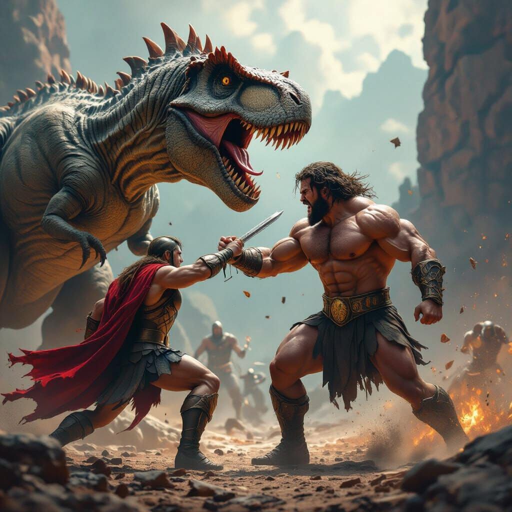 Modern Hercules Battles Tyrannosaurus Rex in Epic Matte Pain...