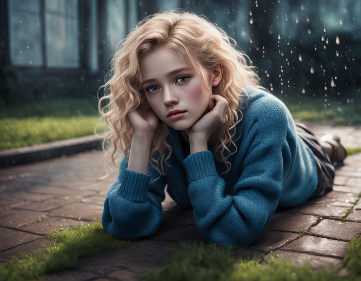 Schoolgirl in Rain: Hyper-Realistic Impressionist Portrait