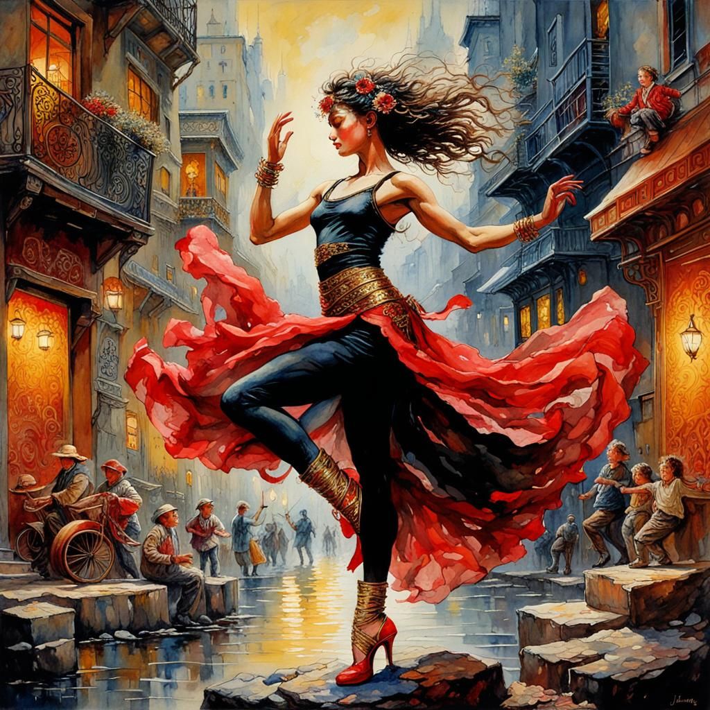 Elegant Rock Dancer: Oil Painting with Watercolor