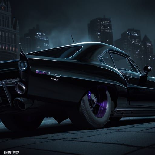 Batman and Batmobile at Midnight in Gothic Noir Style