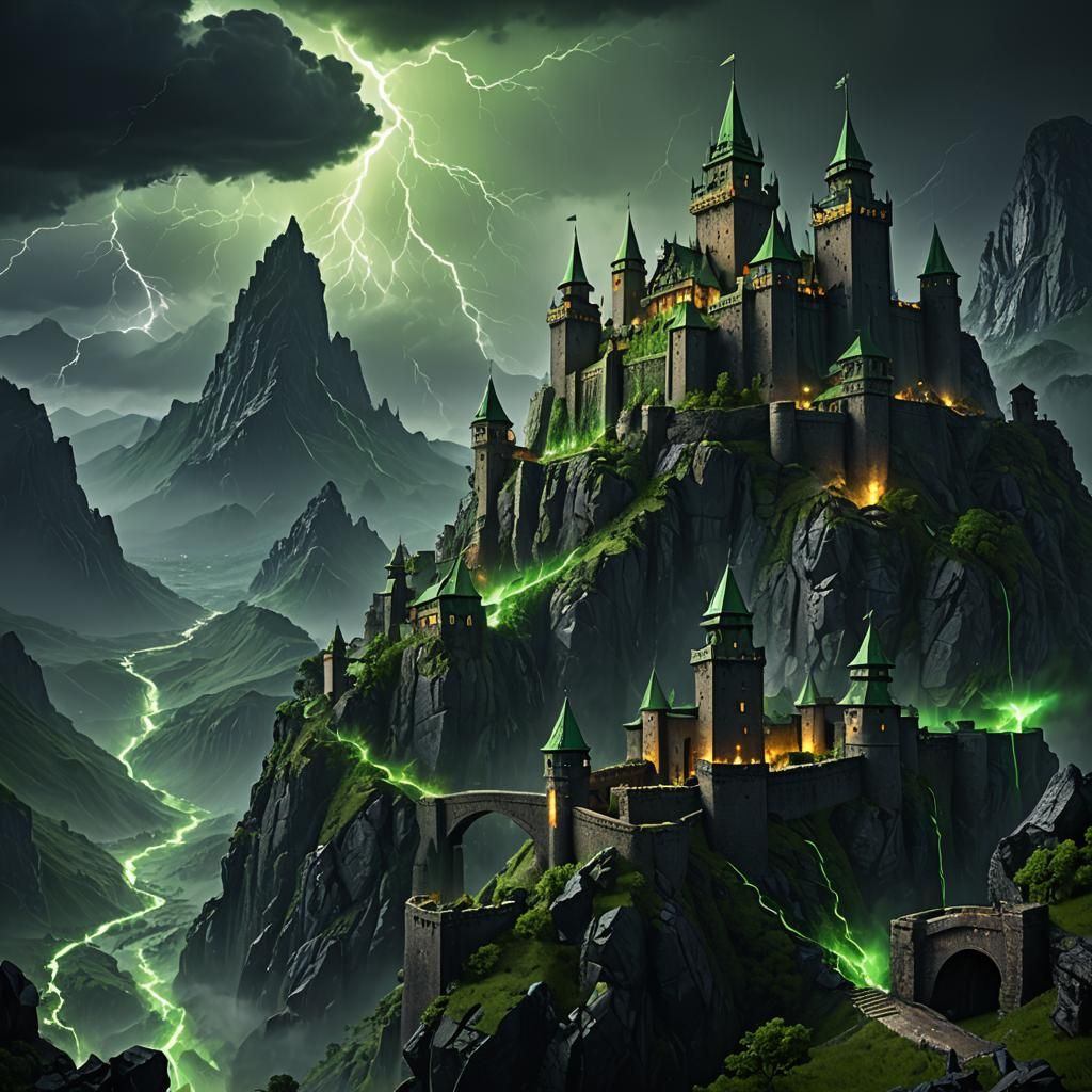 Dramatic Mountain Fortress in Dark Storm, Digital Art