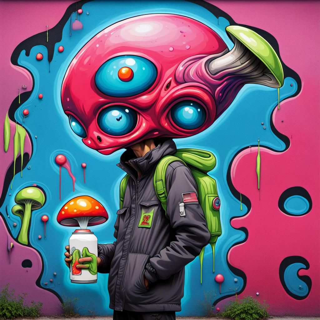 Alien Graffiti Artist in Urban Street Scene