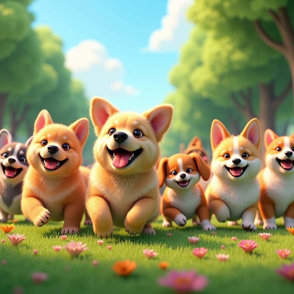 Dogs and Puppies Playing in a Sunny Park