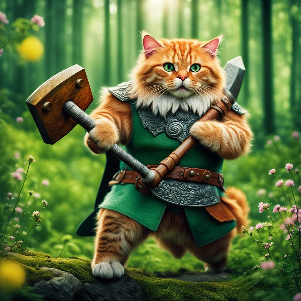 Ginger Viking Warrior and Cat in Forest