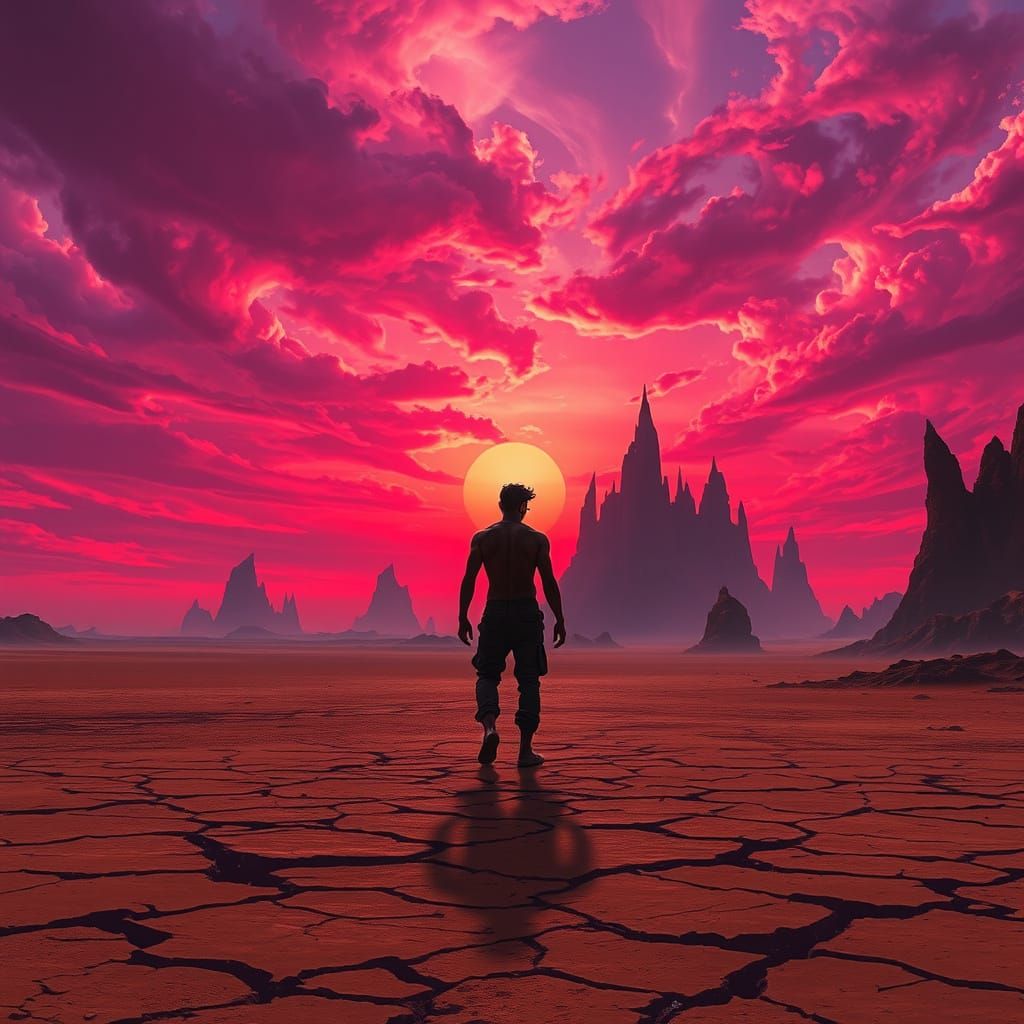 Alien Desert Wanderer at Sunset: Hyperrealistic Dark Fantasy
