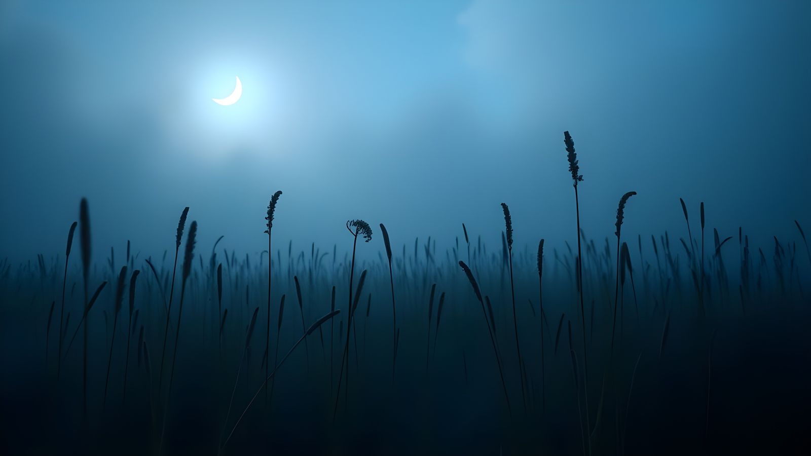 Glowing Crescent Moon Illuminates Misty Surreal Field