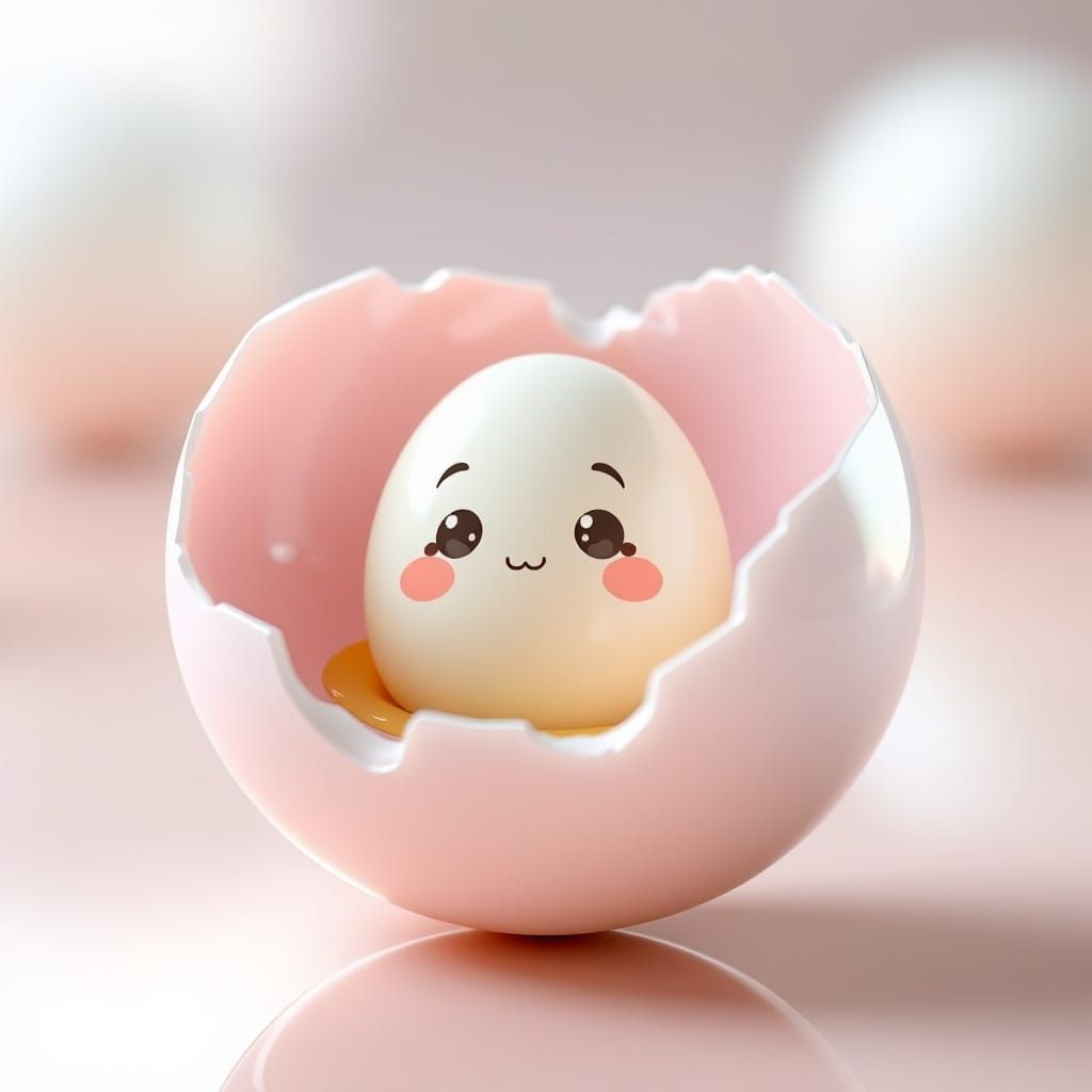 3D Anime Art: Cracked Egg with Cute Face Inside