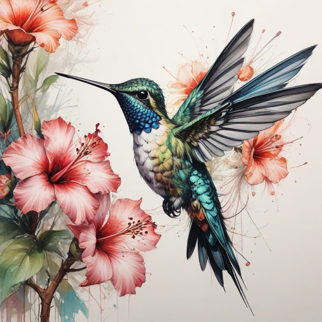 Hummingbird in Tropical Oasis Watercolor