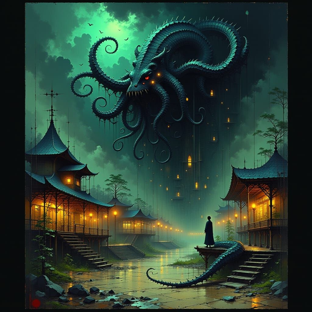 Mystical Octopi-Dragon Hybrid in Abandoned Carnival