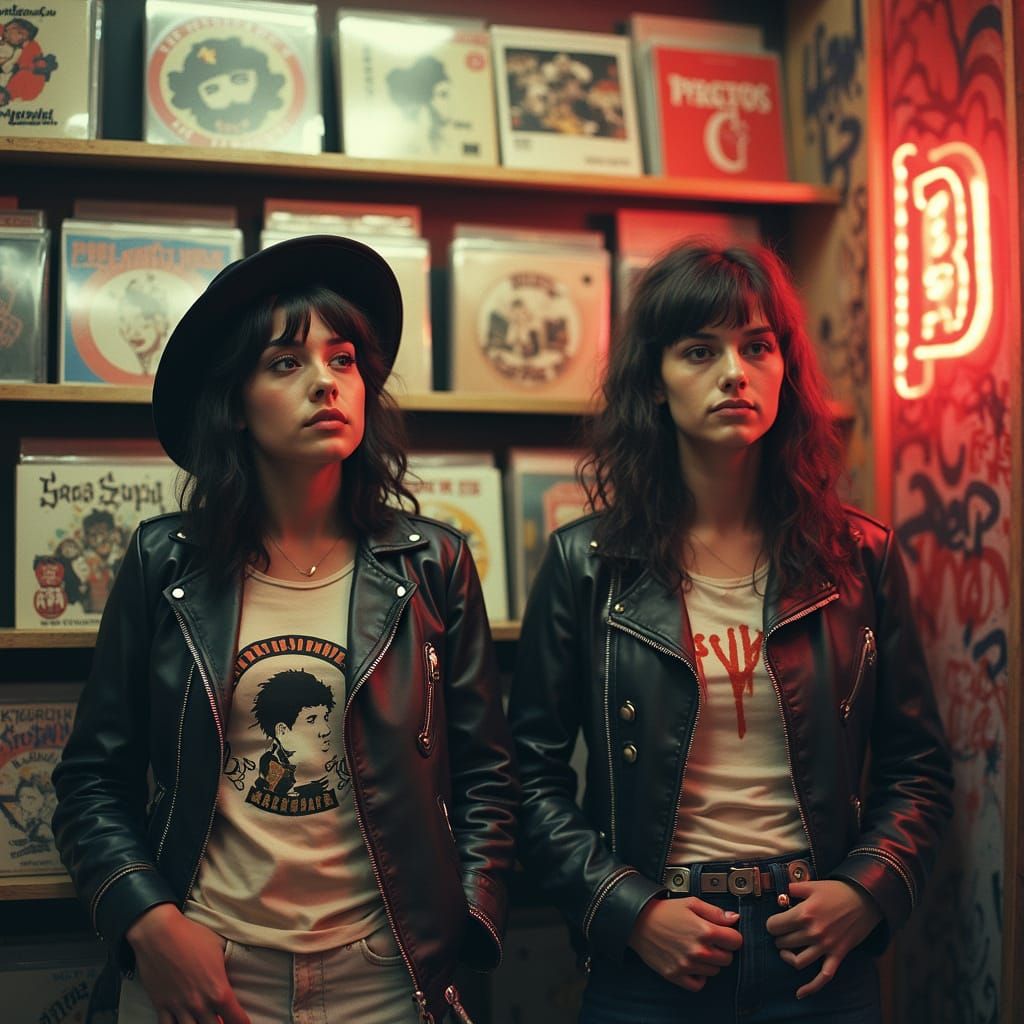 Neon Record Store Scene with Indie Music Fans