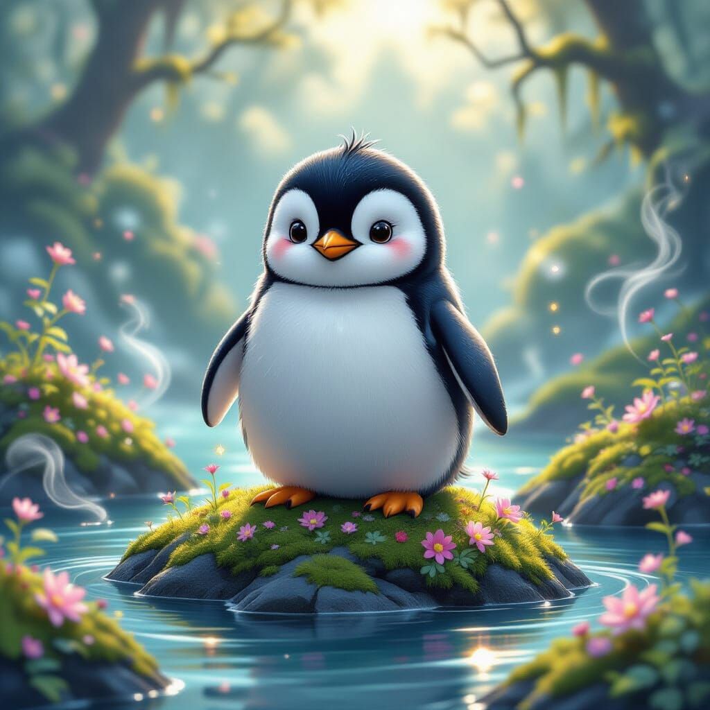 Whimsical Penguin on Ethereal Rock in Luminous Style
