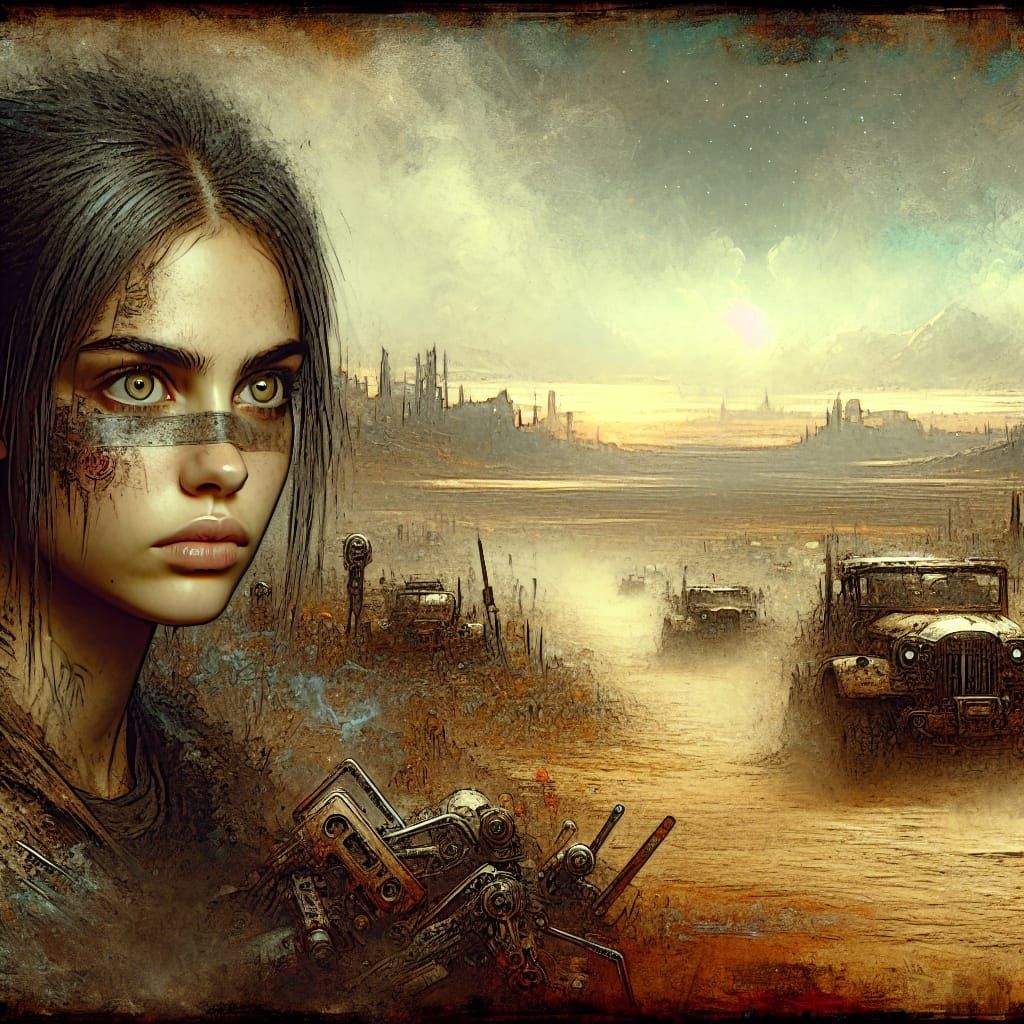 Post-Apocalyptic Woman with Machine Parts in Wasteland