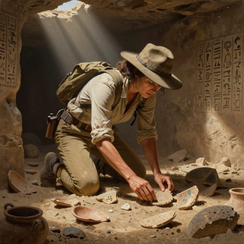 Determined Archaeologist Unearthing Artifacts in Sunlit Tomb
