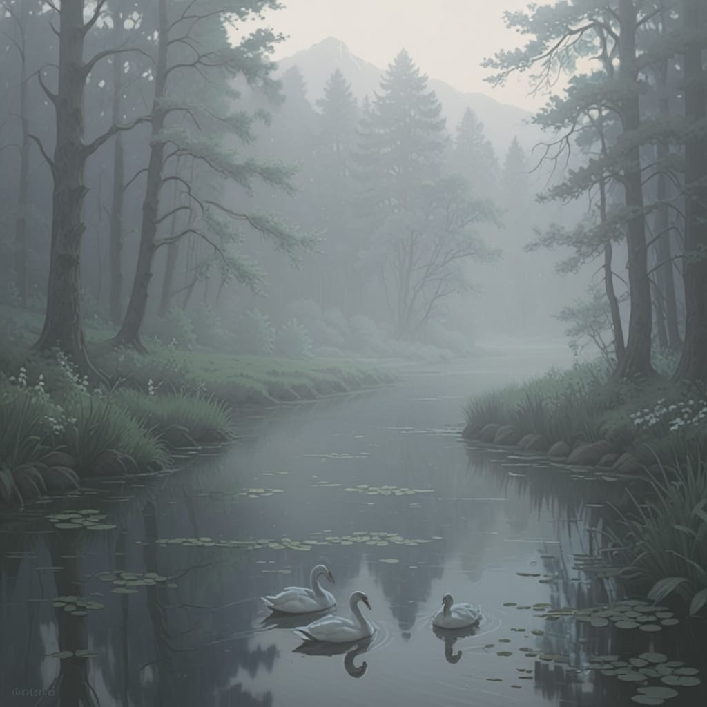 Golden Forest Fog with Swans and Cranes