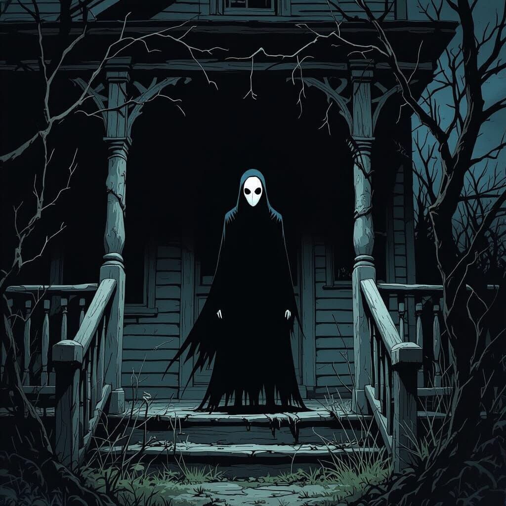 Eerie Figure on Gothic Front Porch