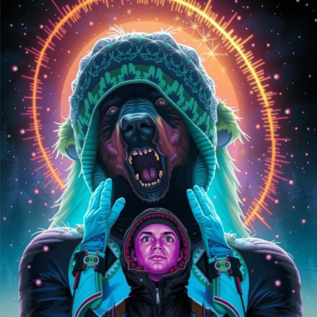 Giant Hiker Figure Meets Grizzly Bear in Aged Photo