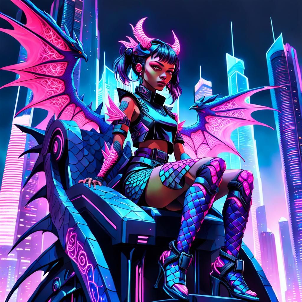 Cyberpunk Dragon Girl Portrait with Neon Cityscape