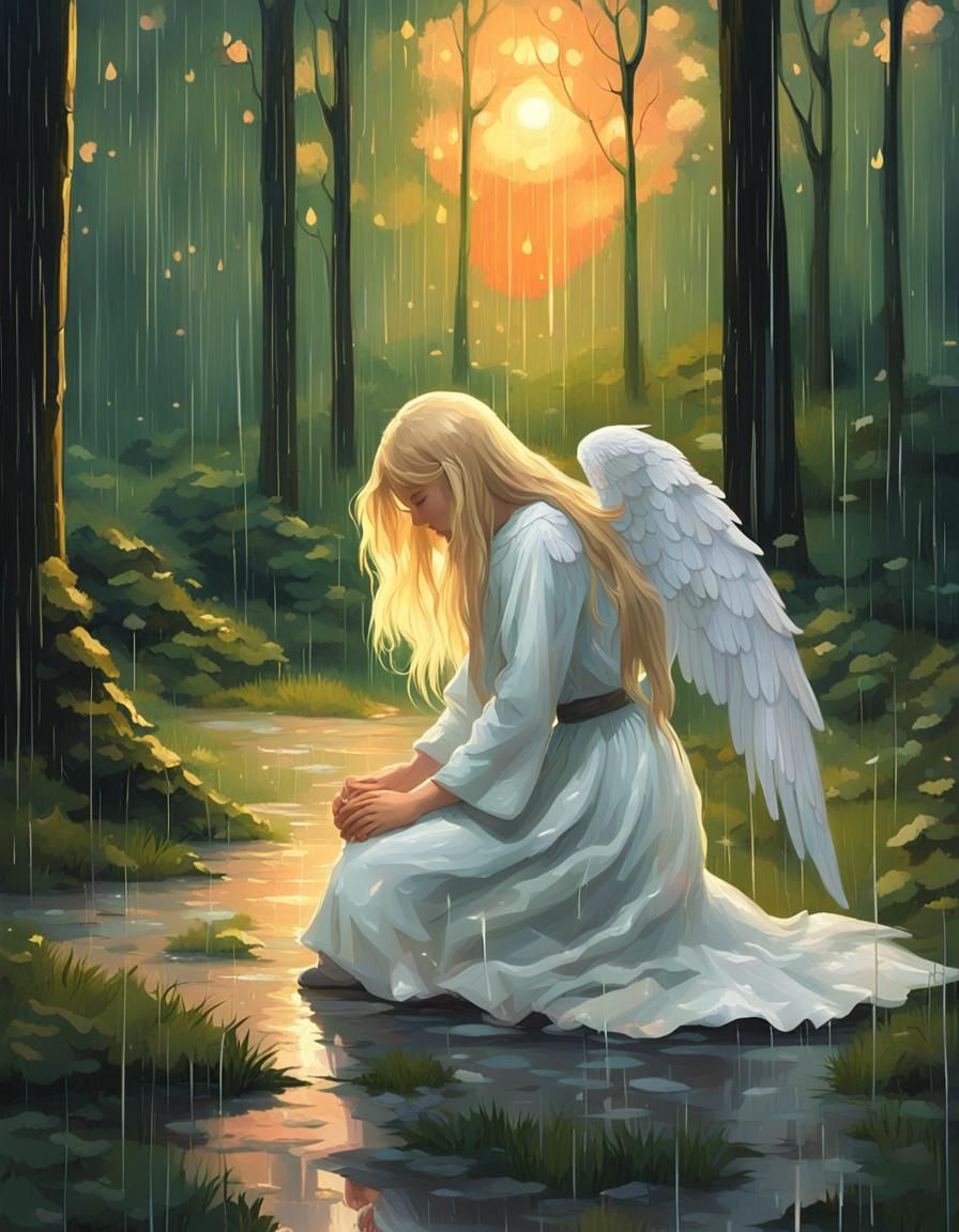 Angel Kneeling in Rainy Forest: Van Gogh Impressionism