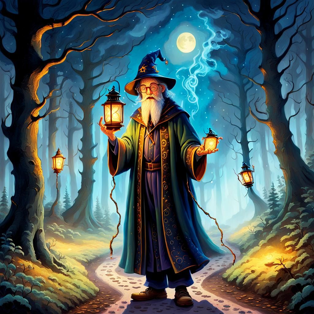 Wizard Reveals Magical Footprints: Whimsical Oil Painting