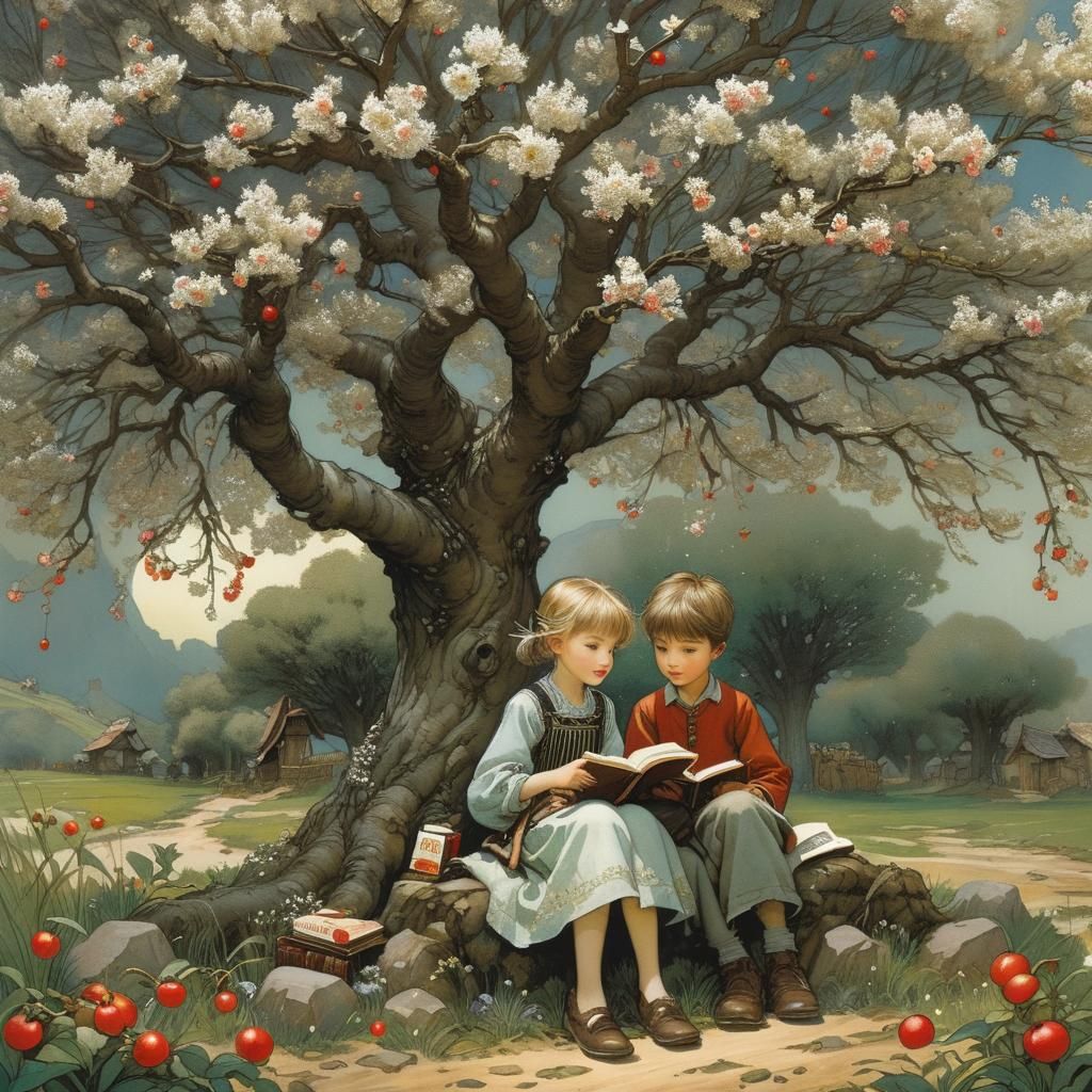 Enchanting Children Reading Under Blossom Tree
