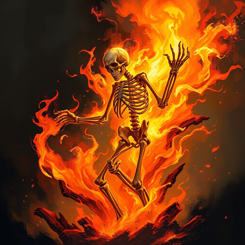Skeletal Figure Enveloped in Dancing Flames