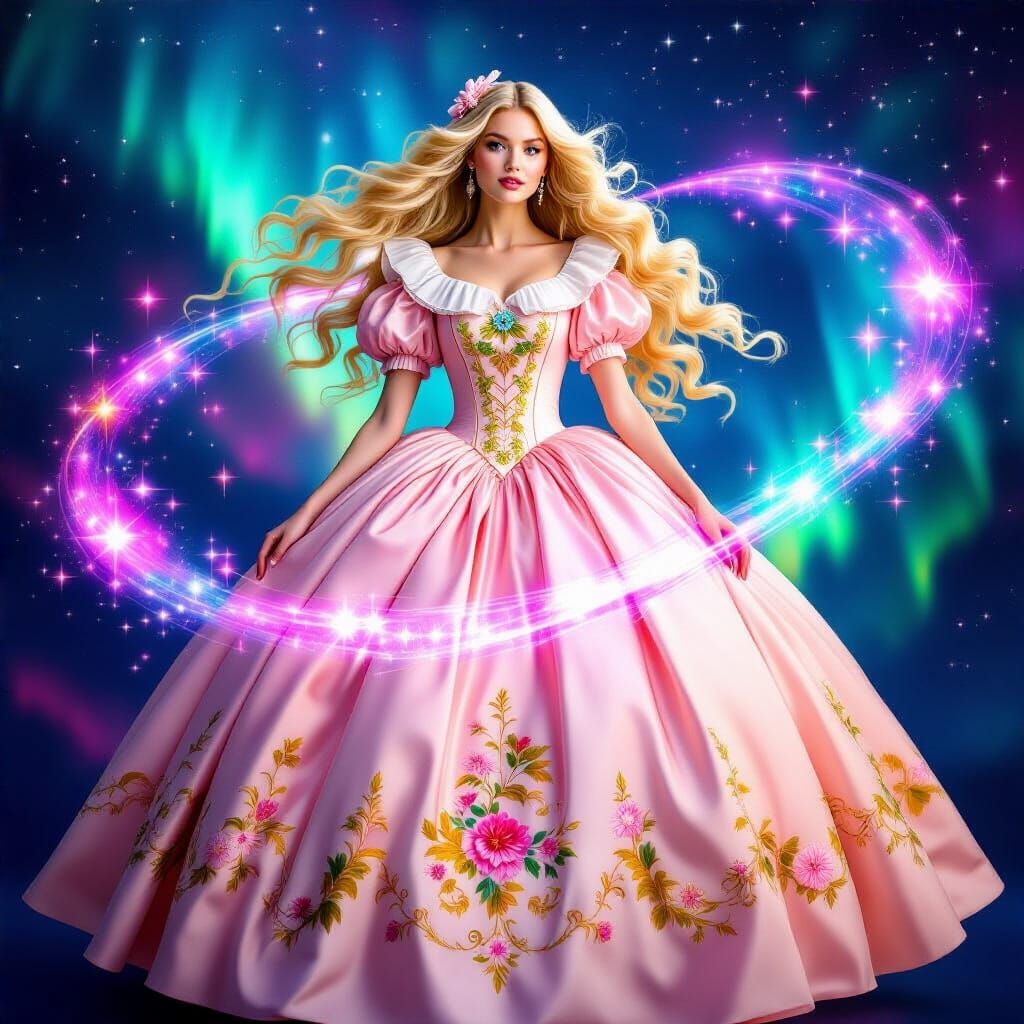 Victorian Woman in Embroidered Gown with Cosmic Lights