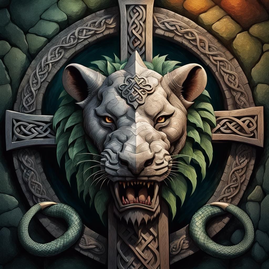 Medieval Celtic Lion Cross in Hyperrealistic Splash Art