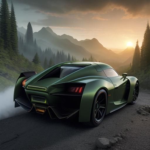 Futuristic Green Coupe Races Canyon at Sunset