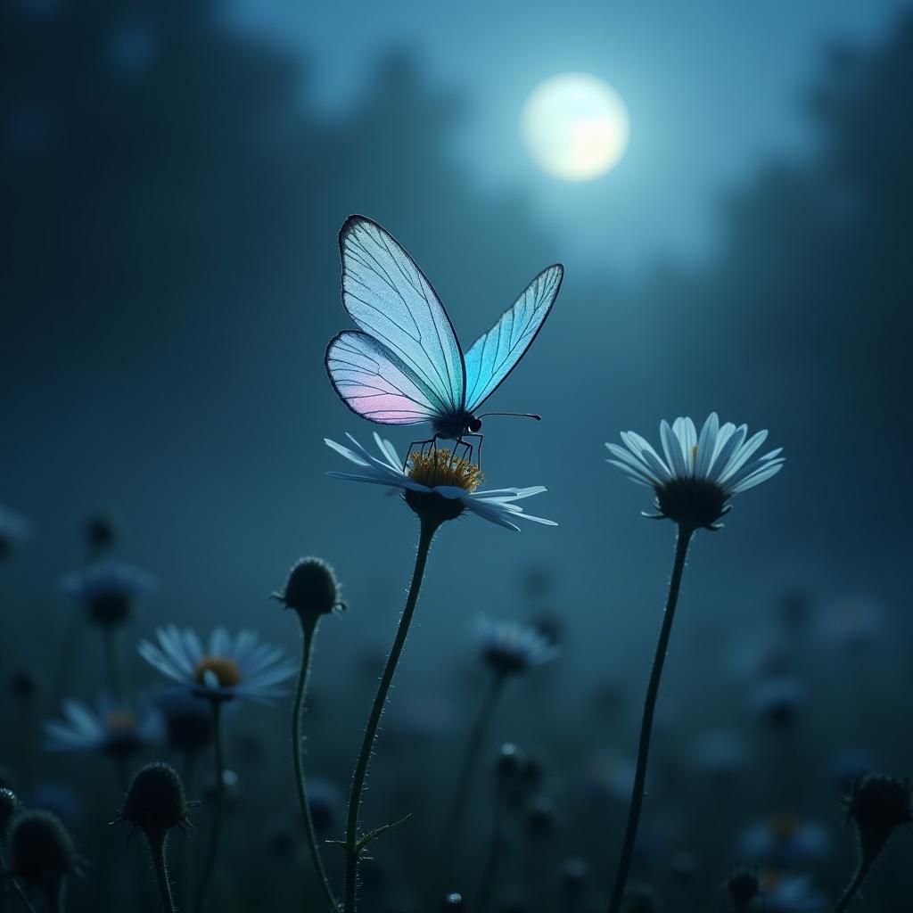 Iridescent Butterfly in Misty Moonlight Night