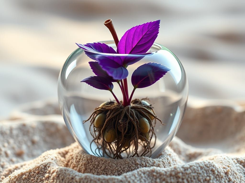 Translucent Glass Apple with Purple Plant