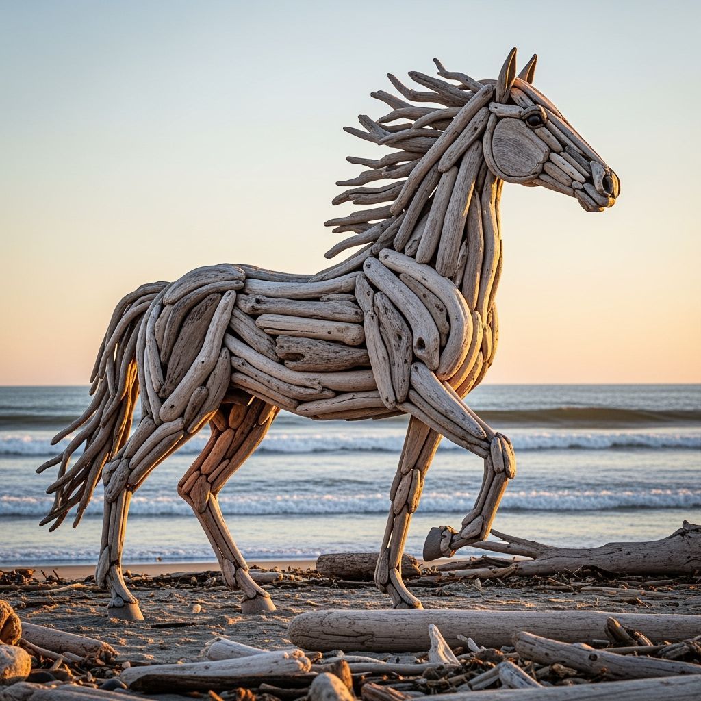 Driftwood Horse Sculpture on a Beach at Sunset
