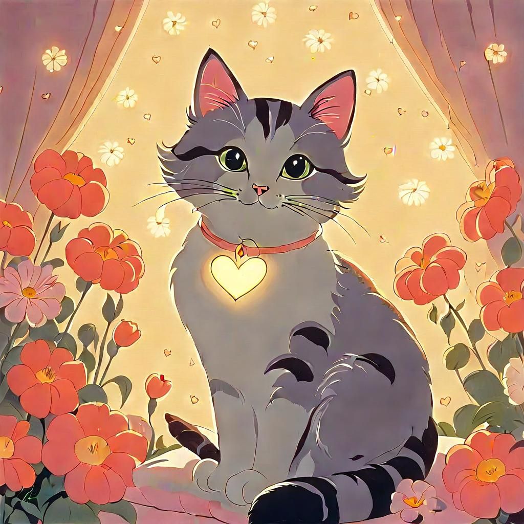 Cute Cat on Pillow with Flowers: Animation Art