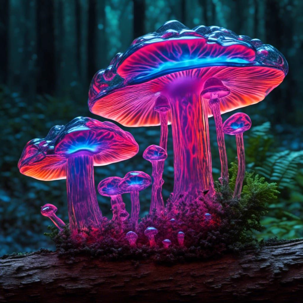 Crystal Mushroom in Enchanted Forest with Neon Log