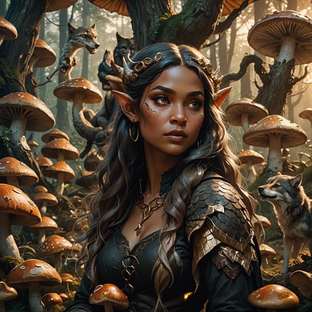 Elf Queen with Wolves in Dark Fantasy Style