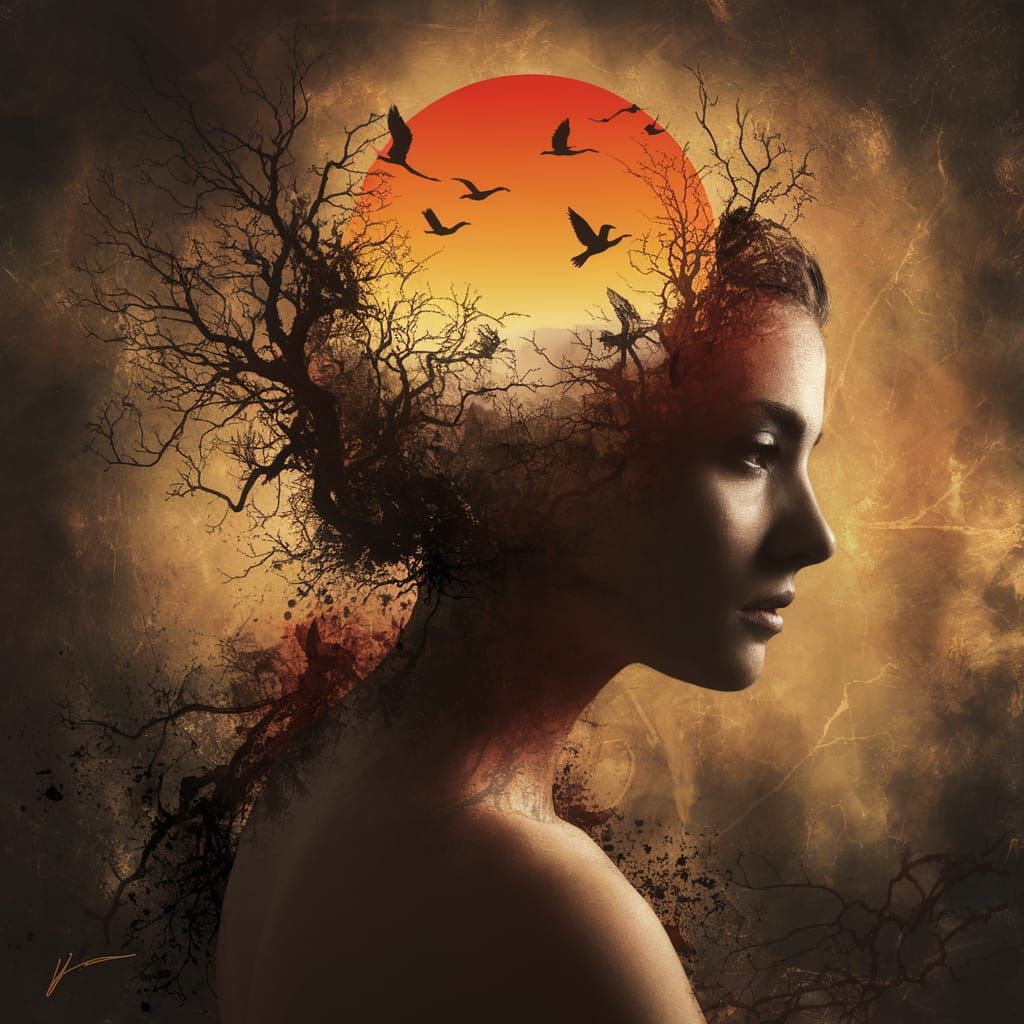 Surreal Portrait in Earthy Hues with Nature's Elements