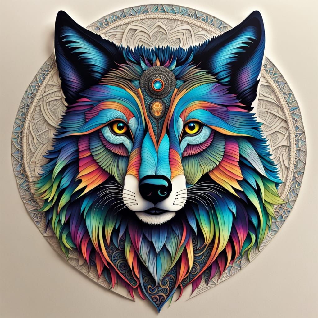 Bioluminescent Zentangle Wolf Portrait