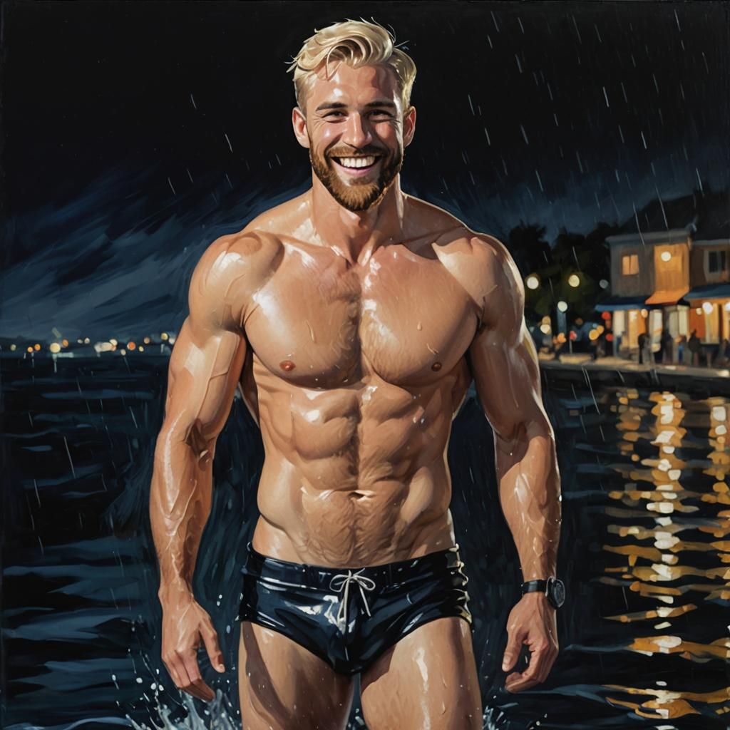 Blond Man in Black Trunks, Impressionist Portrait