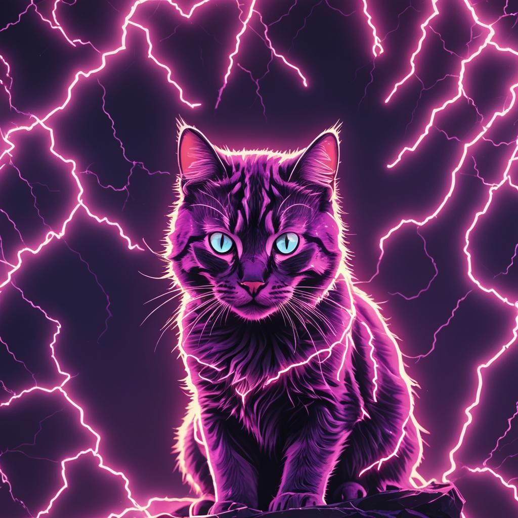 Neon Synthwave Cat Made of Lightning