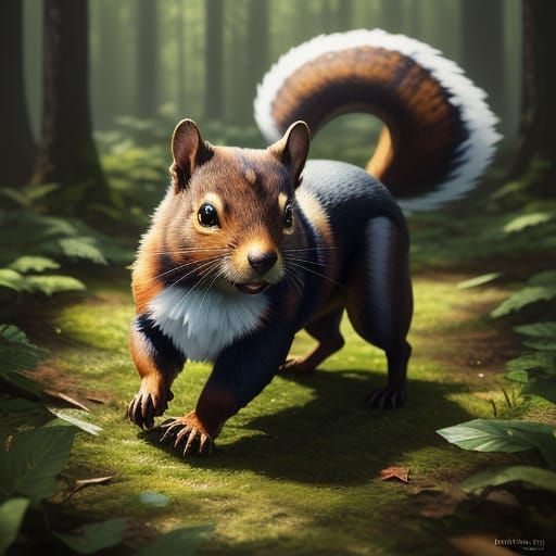 Puppy Chasing Squirrel in Pop Art Forest